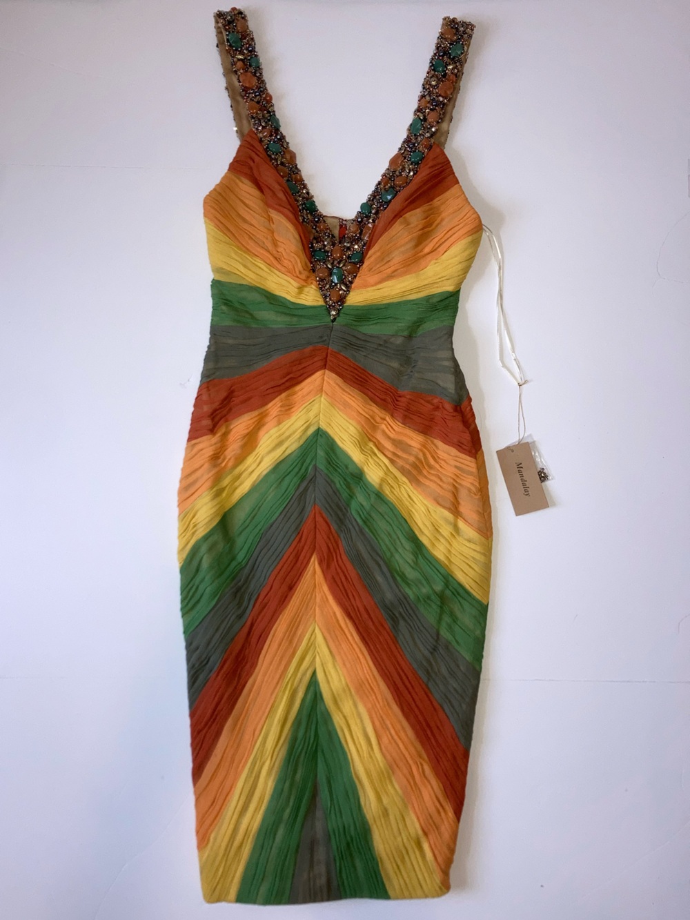 Mandalay 100% Silk Rainbow Stripe Mini Sheath Dress Beaded Strap Sleeveless NWT - Picture 2 of 16